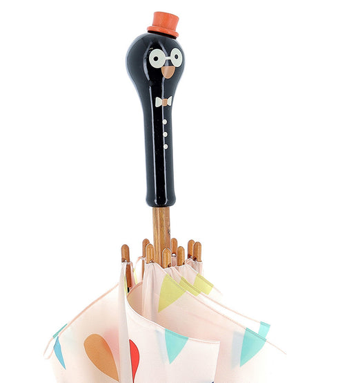 Parapluie en bois René le pingouin, parapluie en bois fabriqué dans le Jura