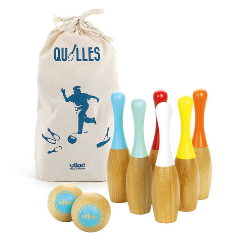 6 quilles de bowling bicolores en sac de toile, jeu en bois fabriqué dans le Jura