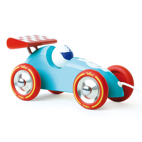 Voiture de course à tirer turquoise et rouge, visuel du fabricant Vilac