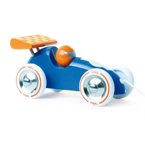 Voiture de course à tirer bleu et orange - Vilac, jouet en bois fabriqué dans le Jura