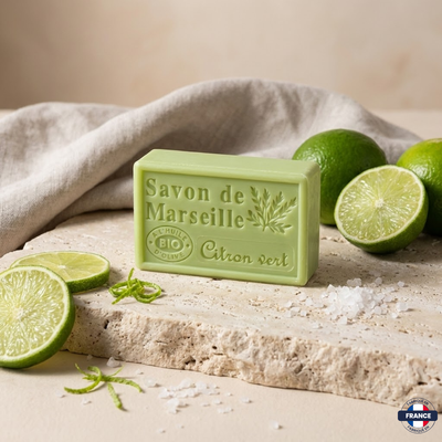Savon de Marseille Artisanal Citron Vert · Huile d’Olive BIO · 125g - J'achète français - DAMPA1975