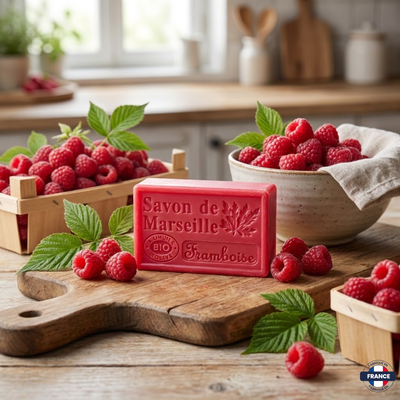 Savon de Marseille Artisanal Framboise · Huile d’Olive BIO · 125g - J'achète français - DAMPA1975