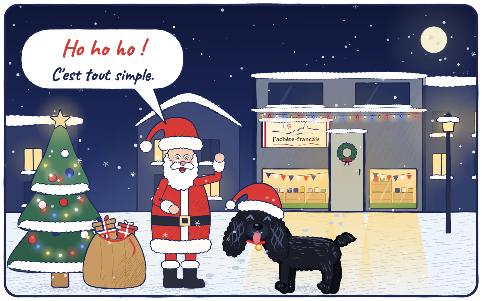 Le Père Noël et Ubert, le chien de la boutique, devant la boutique J'achète Français sous la neige. Le Père Noël dit : Ho ho ho ! C'est tout simple.