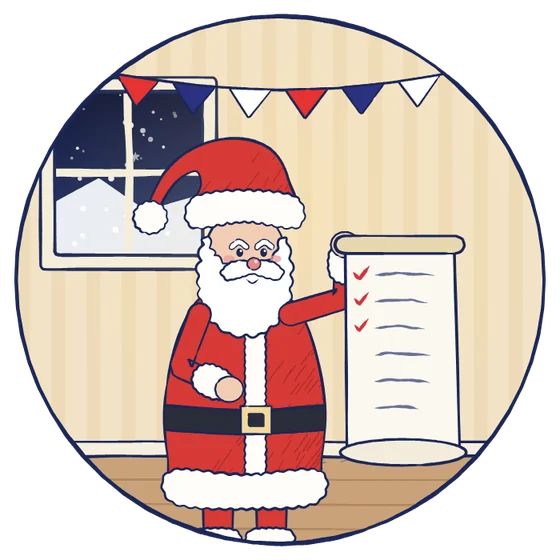 Le Père Noël coche les cadeaux de sa longue liste.