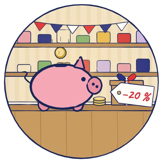 Sur le comptoir de la boutique, une tirelire et un paquet cadeau étiqueté moins 20 %.