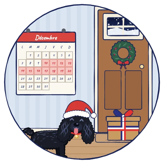 Ubert à côté du paquet arrivé, sous un calendrier de décembre où les jours du 10 au 20 sont surlignés.